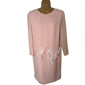 Vtg 90s Ursula of Switzerland Shift Dress Lace Appliqué Long Sleeve Pink 10
